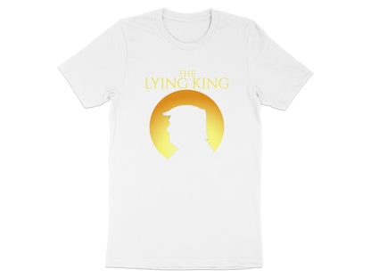 White t-shirt with "The Lying King" text and silhouette of a man in a circle.
