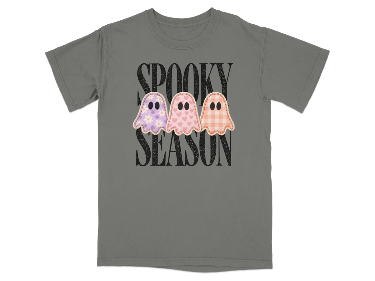 Grey t-shirt with "Spooky Season" text and three patterned ghosts.