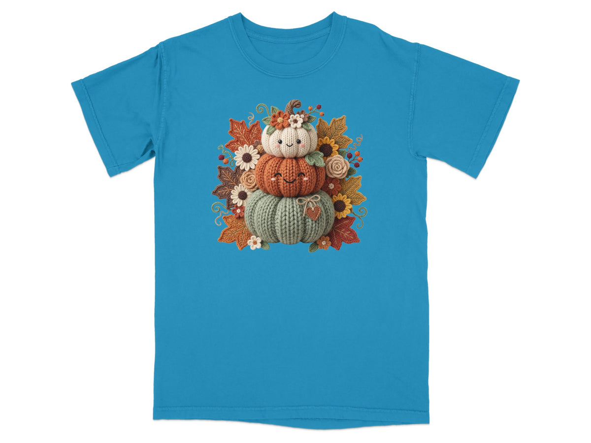 Three stacked knit pumpkins with smiling faces surrounded by fall leaves and flowers.