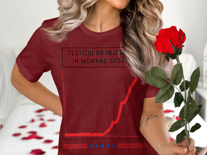 Maroon t-shirt with "Testicular Injury in Womans Sport" and a rising line graph.