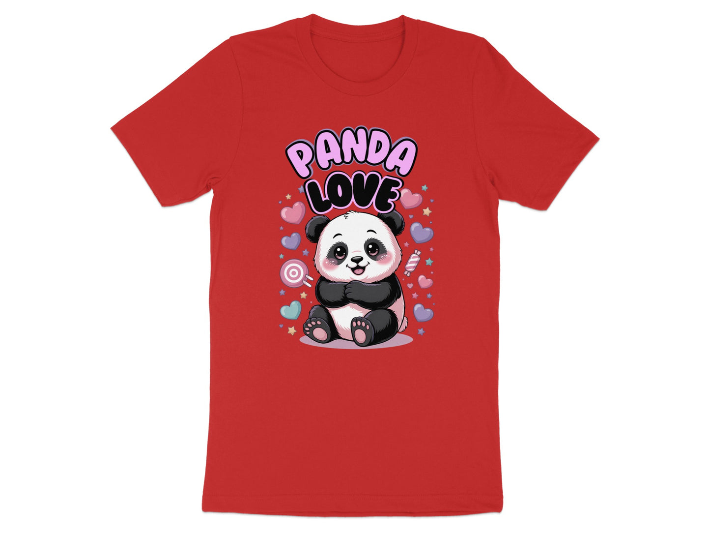 Red t-shirt with "Panda Love" text and a seated panda surrounded by hearts.