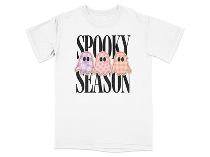 White t-shirt with "Spooky Season" text and three patterned ghosts.