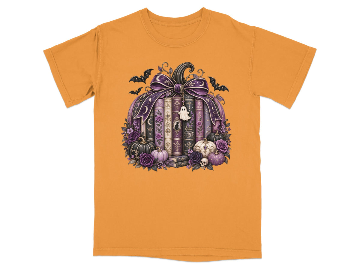 Halloween pumpkin made of books, surrounded by pumpkins, roses, and bats.