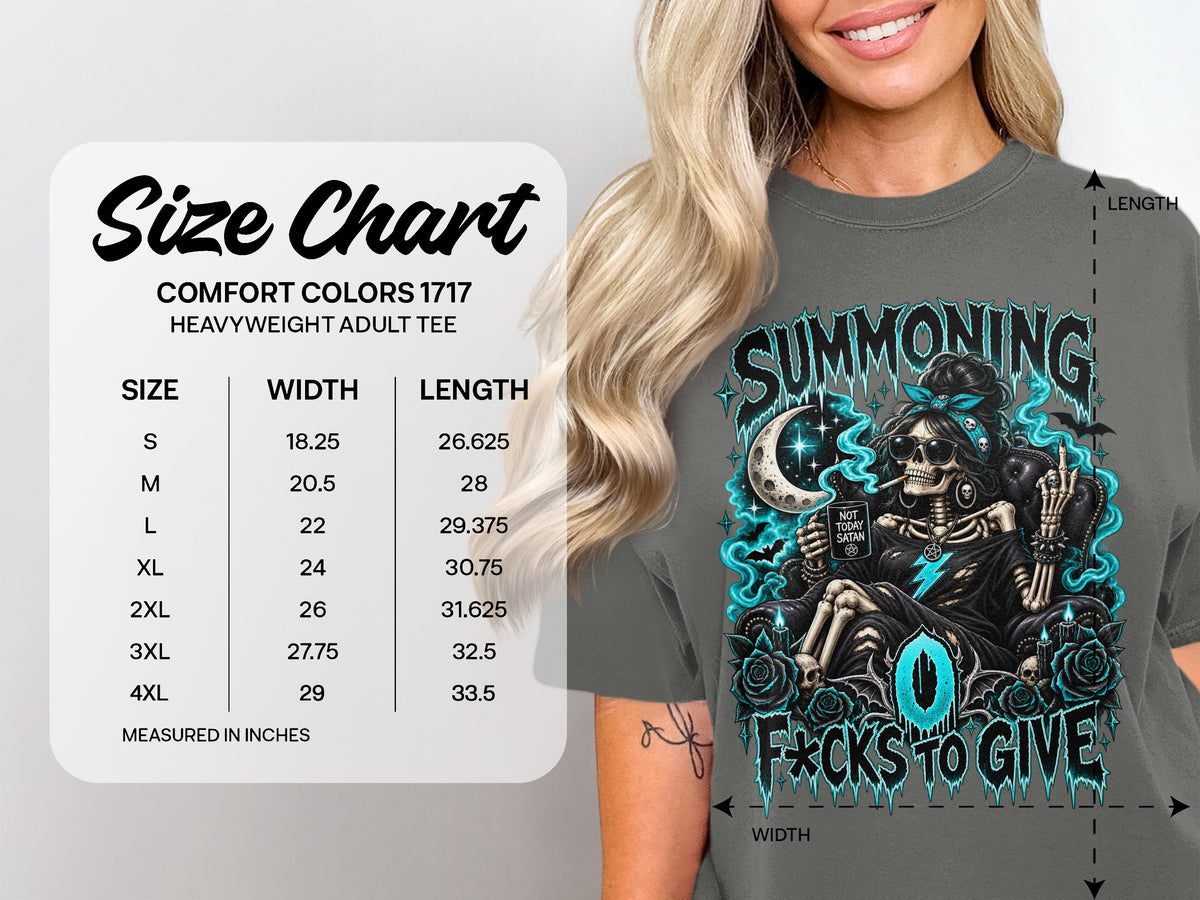 A woman wearing a grey t-shirt with a graphic design next to a size chart.
