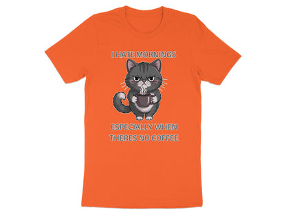 Orange t-shirt with a grumpy cat holding coffee and text.
