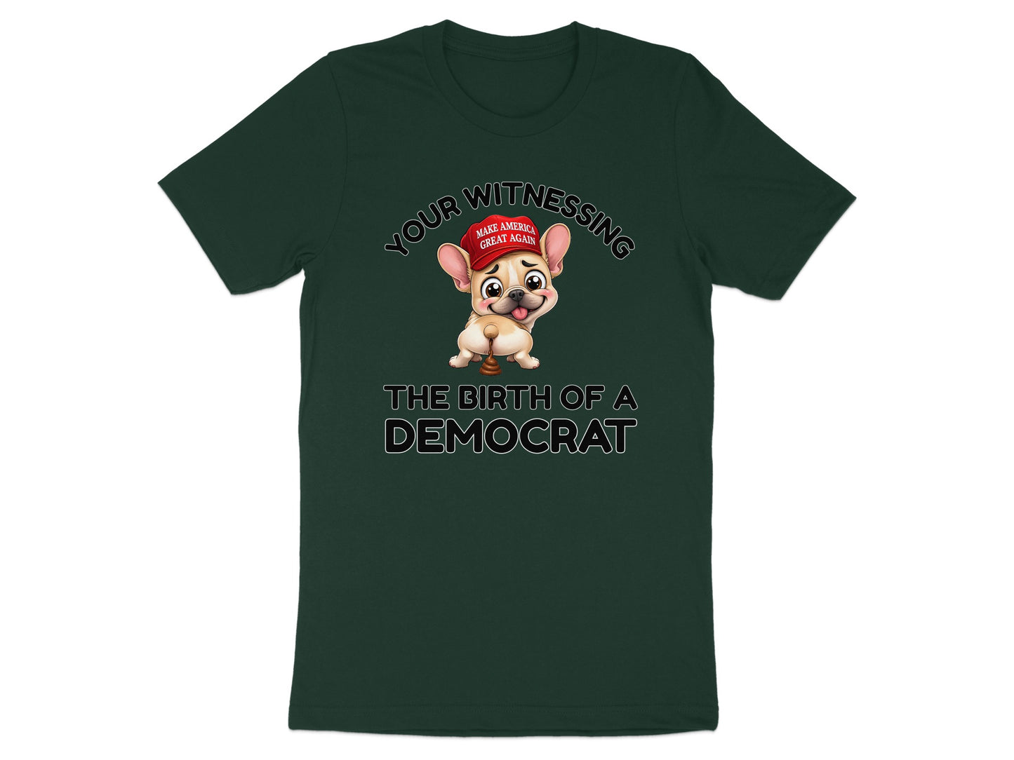 French bulldog wearing a red hat with "Make America Great Again" and defecating on text.