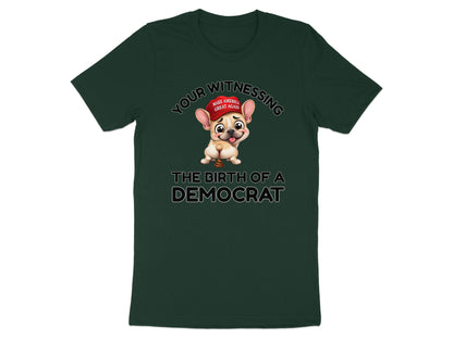 French bulldog wearing a red hat with "Make America Great Again" and defecating on text.