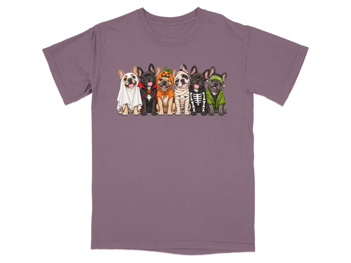 Six French bulldogs in Halloween costumes: ghost, vampire, pumpkin, mummy, skeleton, and Frankenstein.