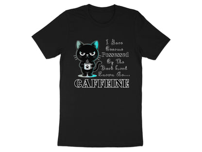 Black t-shirt with cartoon cat holding coffee, text reads "I Have Become Possessed By The Dark Lord Known As... CAFFEINE".