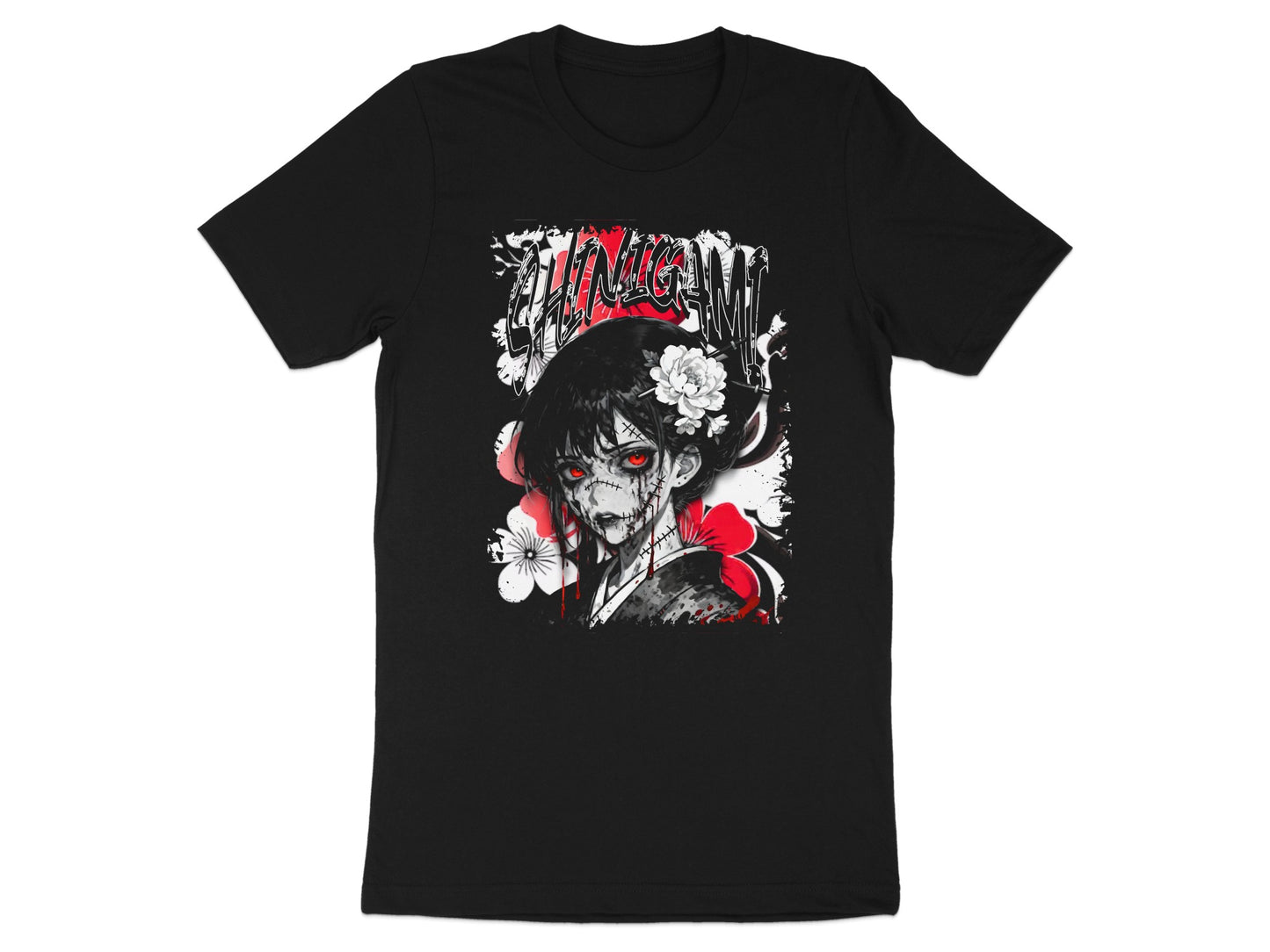 Black t-shirt with anime-style artwork of a zombie girl and the word "SHINIGAMI".