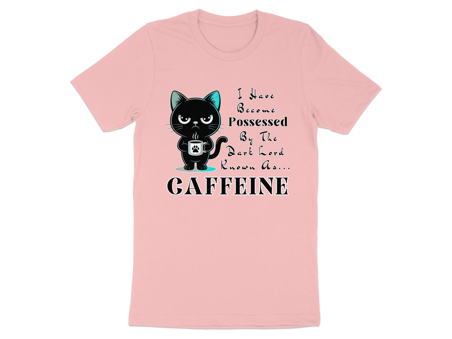 Pink t-shirt with black cat holding coffee cup and text "Caffeine".