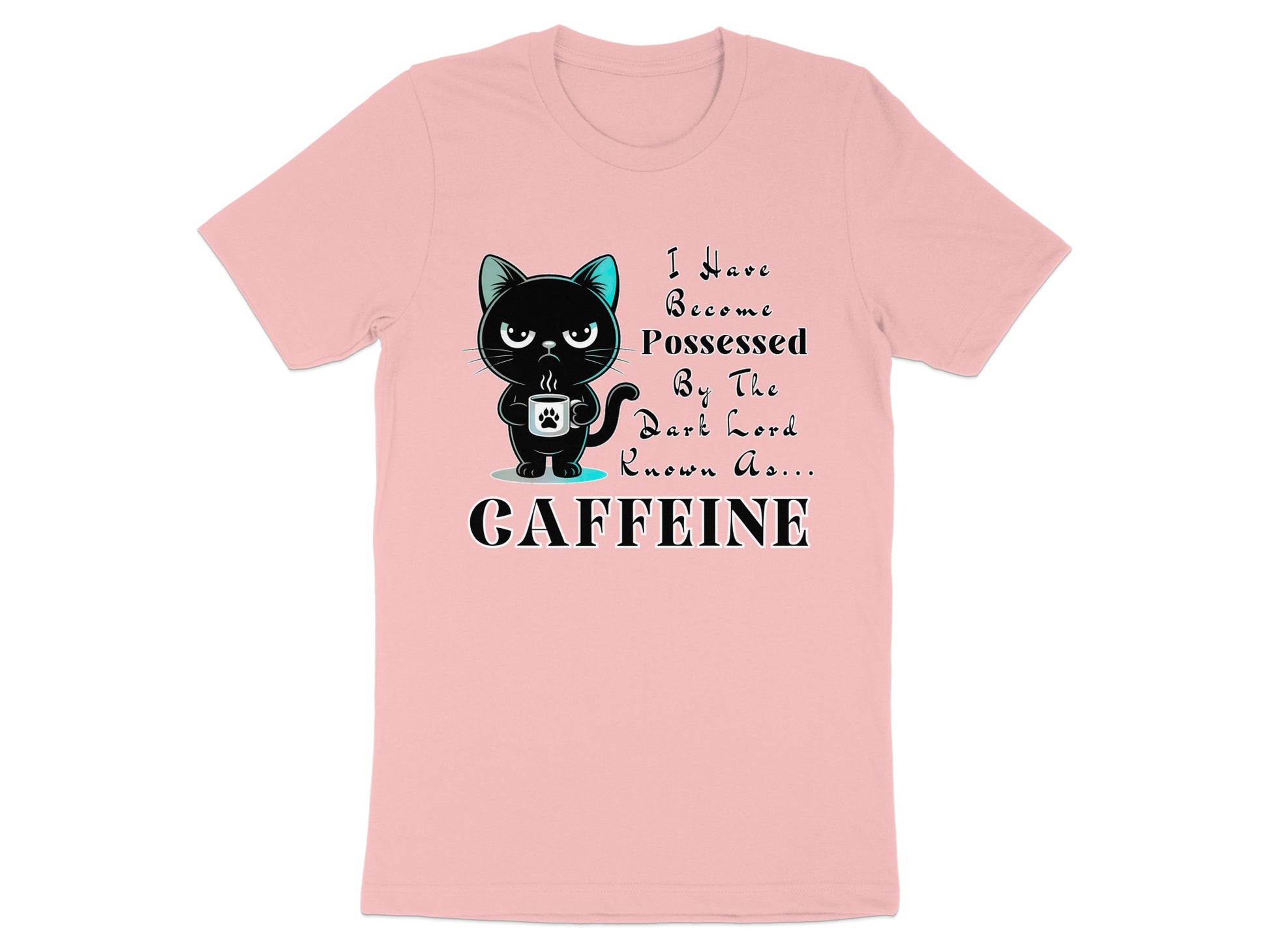 Pink t-shirt with black cat holding coffee cup and text "Caffeine".