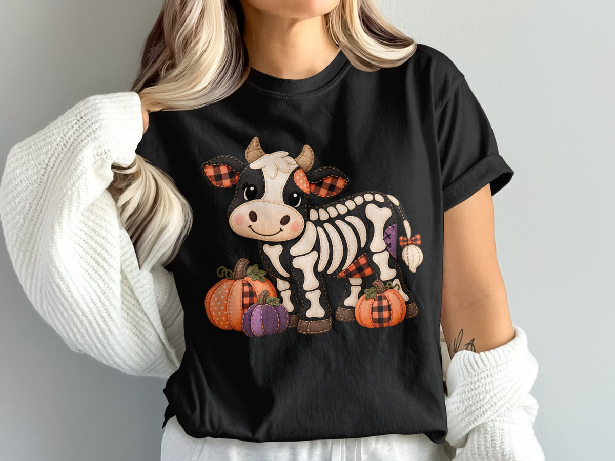 Skeleton cow with pumpkins and buffalo plaid details on a black t-shirt.