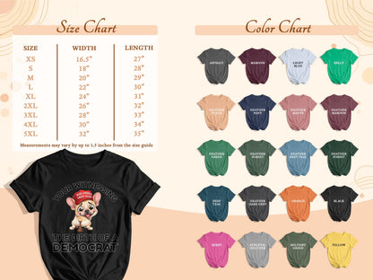 Black t-shirt with cartoon dog graphic, size chart, and color swatches.