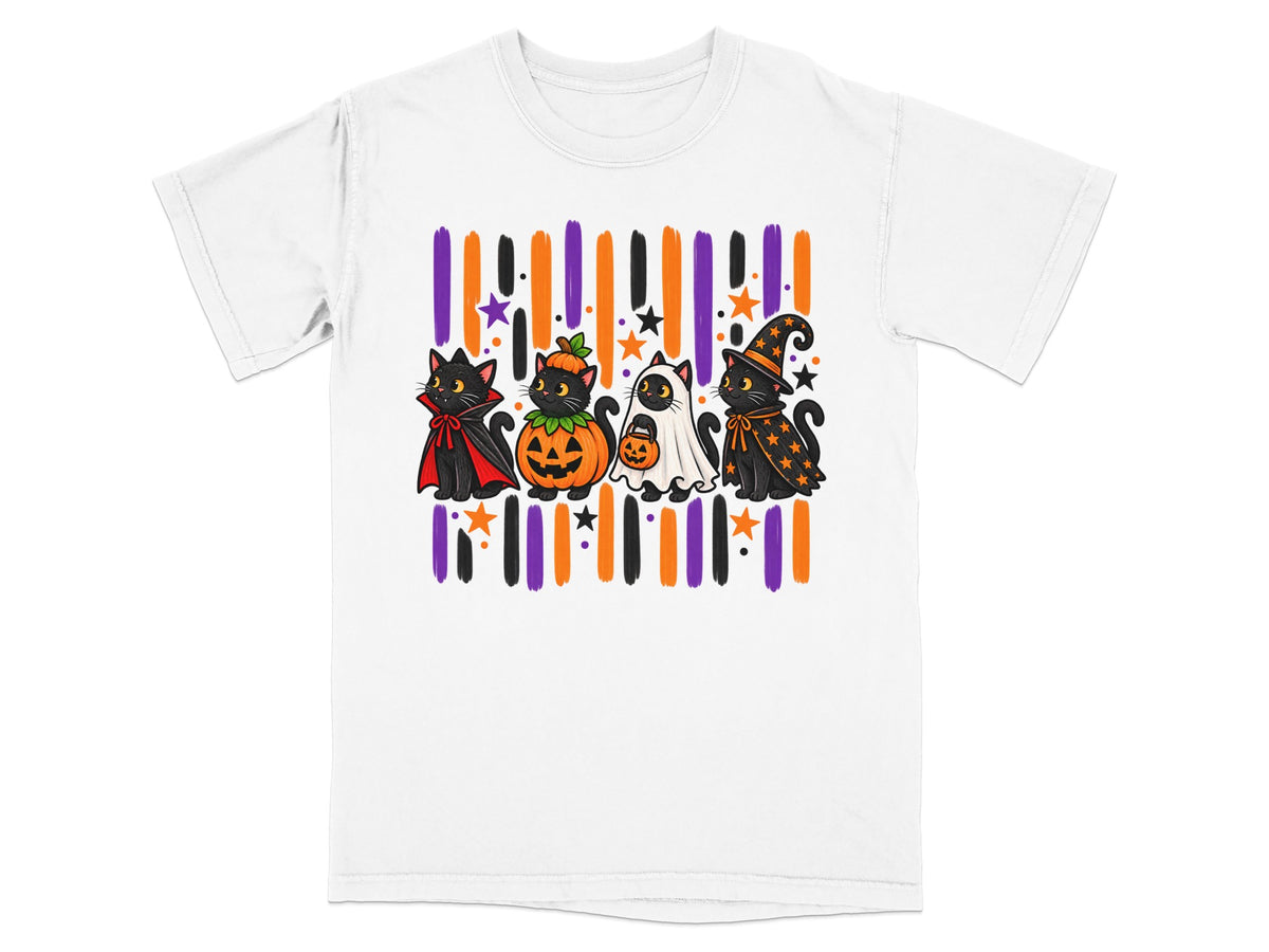 Four black cats in Halloween costumes stand in front of a colorful striped background.