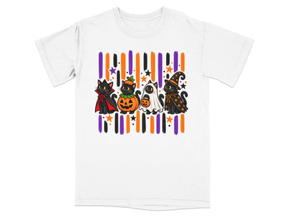 Four black cats in Halloween costumes stand in front of a colorful striped background.