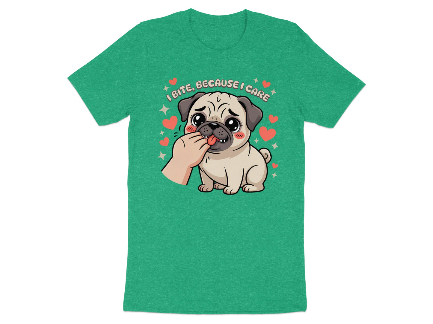 "I Bite, Because I Care" text above a cute pug puppy being fed by a hand.