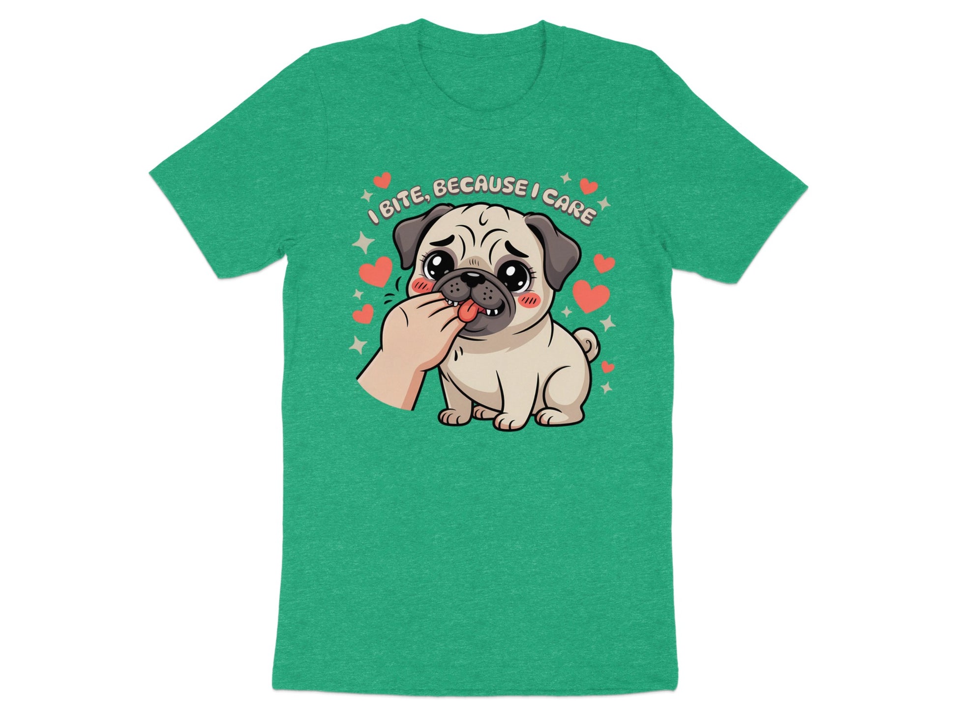 "I Bite, Because I Care" text above a cute pug puppy being fed by a hand.