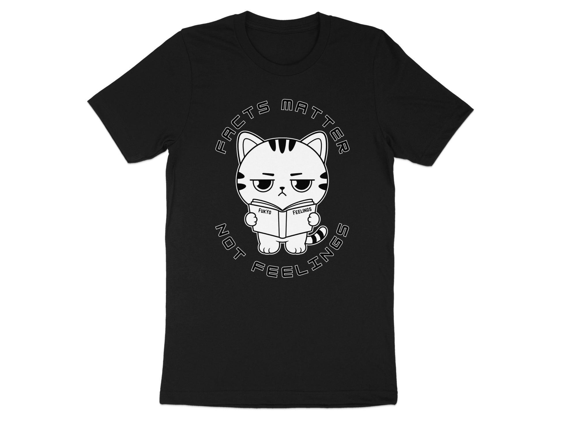 Black t-shirt with a cartoon cat reading a book with "Fukyo" and "Feelings" on the pages.