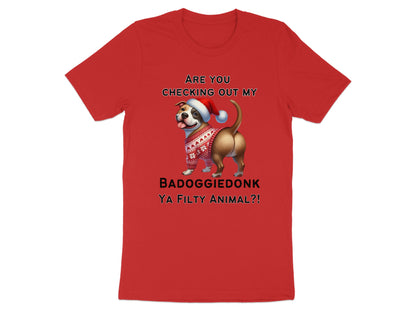 Red t-shirt with text and dog wearing Santa hat and holiday sweater.