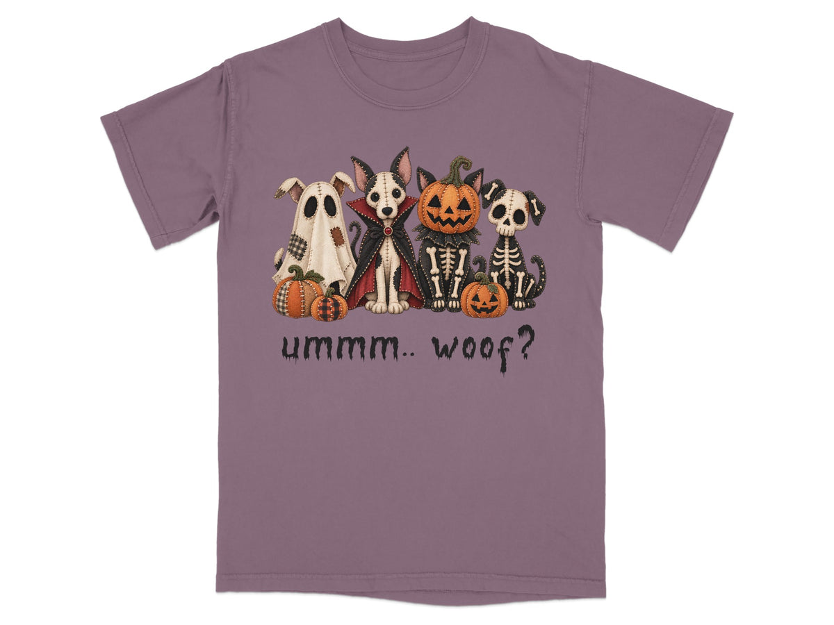 Halloween dogs dressed as a ghost, vampire, skeleton, and pumpkin with "ummm.. woof?" text.
