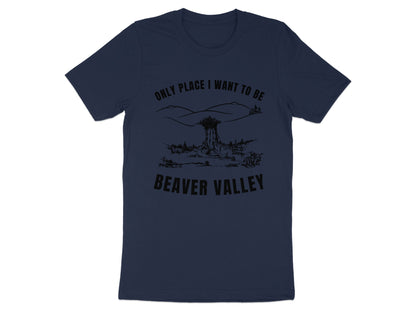 Navy t-shirt with "Only Place I Want To Be Beaver Valley" text and a landscape graphic.