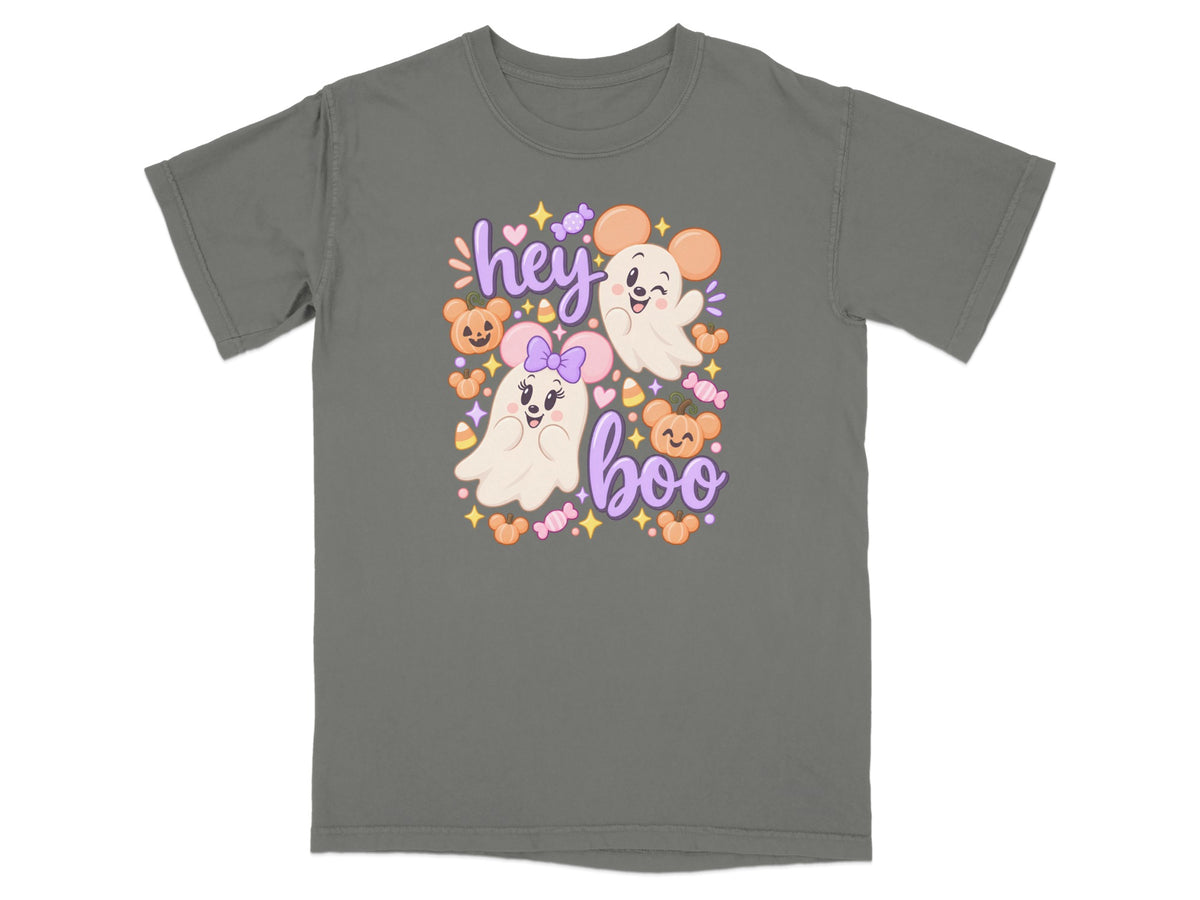 Two cute ghosts with mouse ears saying "hey boo" surrounded by pumpkins and candy.