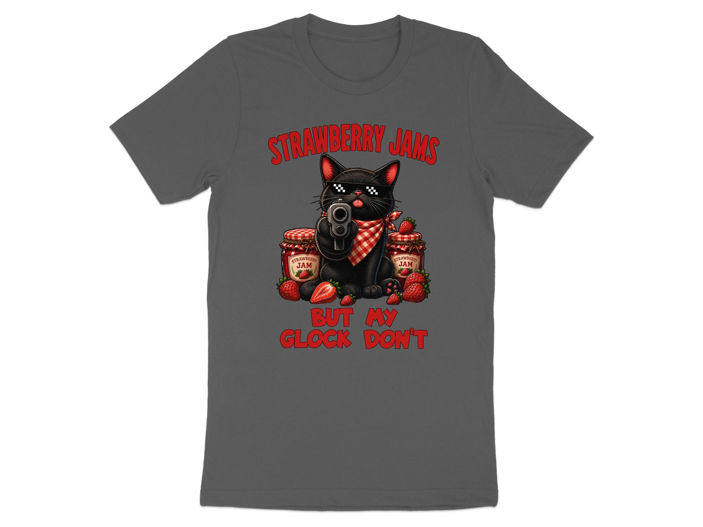 Black cat with gun and strawberries, text "Strawberry Jams But My Glock Don't."