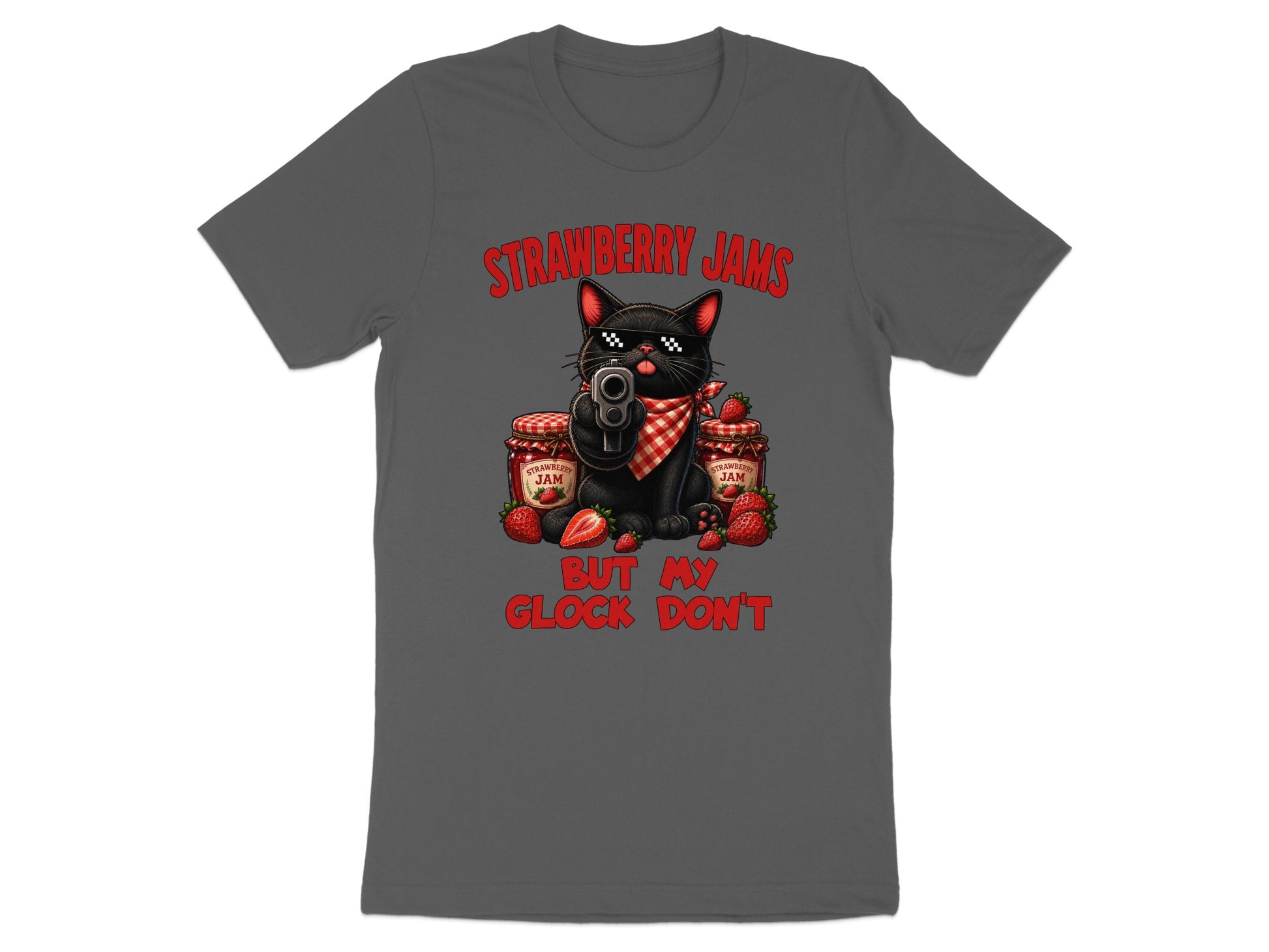 Black cat with gun and strawberries, text "Strawberry Jams But My Glock Don't."