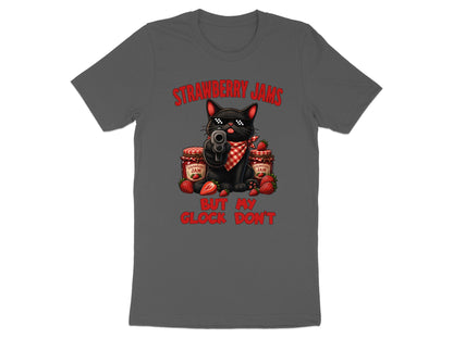 Black cat with gun and strawberries, text "Strawberry Jams But My Glock Don't."