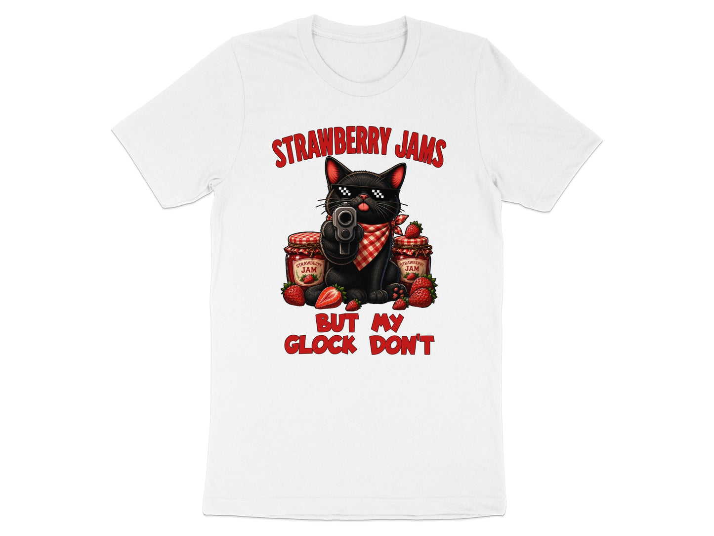 Black cat with sunglasses holding a gun, surrounded by jam jars and strawberries.