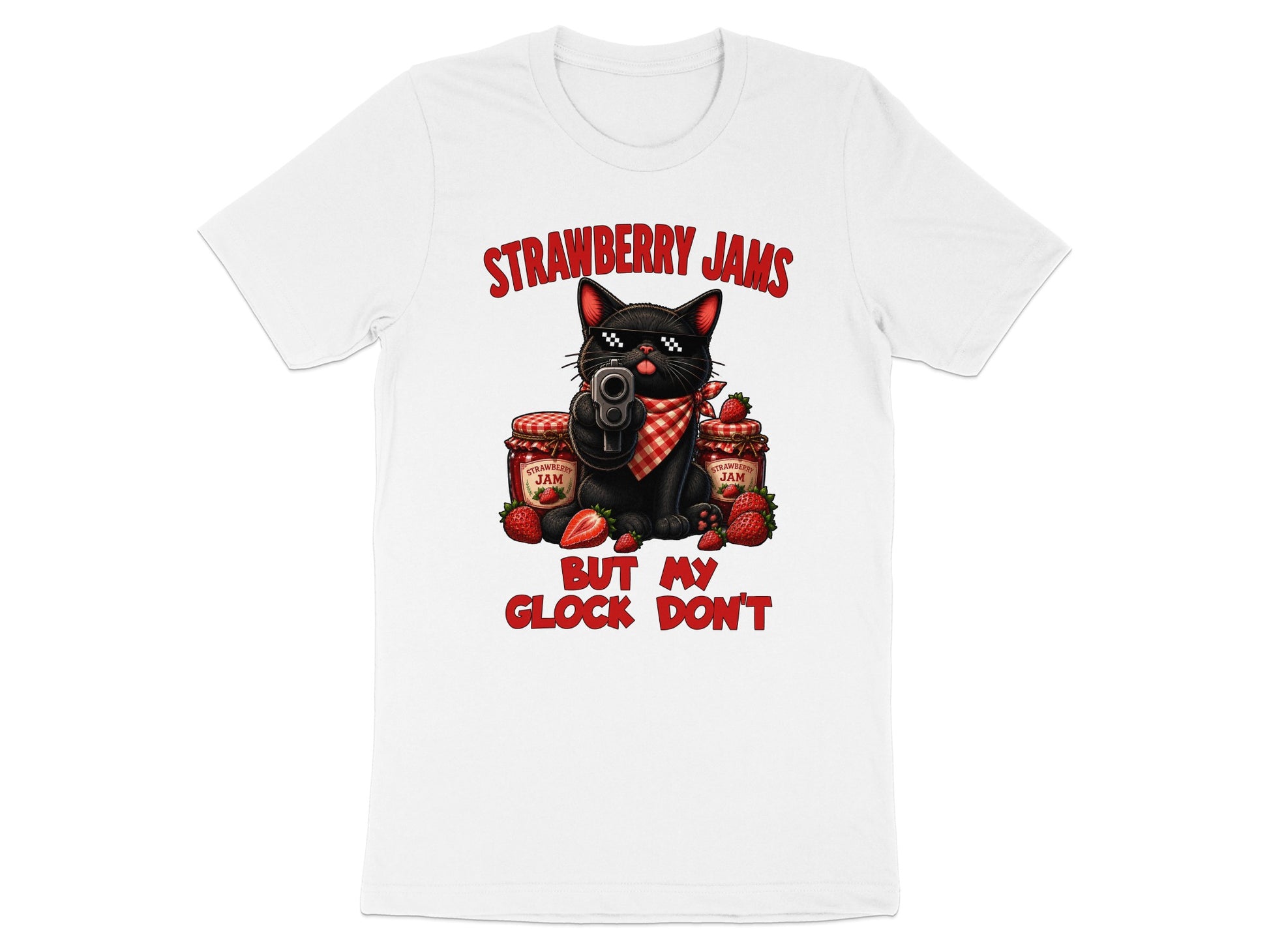 Black cat with sunglasses holding a gun, surrounded by jam jars and strawberries.