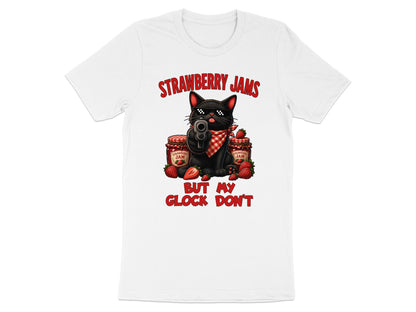 Black cat with sunglasses holding a gun, surrounded by jam jars and strawberries.