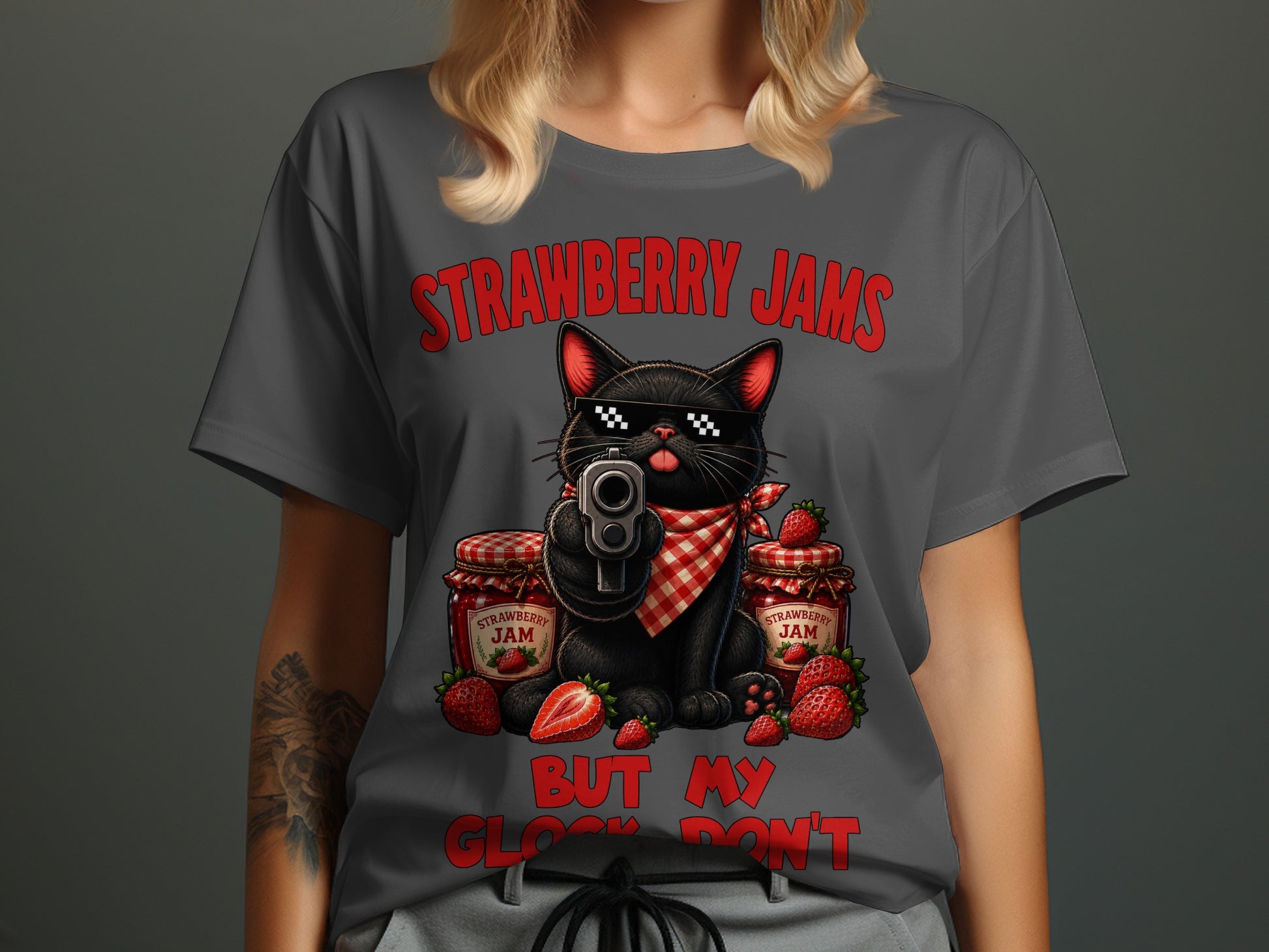 Black cat with sunglasses and gun, surrounded by strawberries and jam jars.