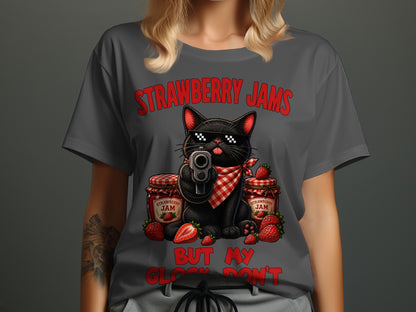 Black cat with sunglasses and gun, surrounded by strawberries and jam jars.