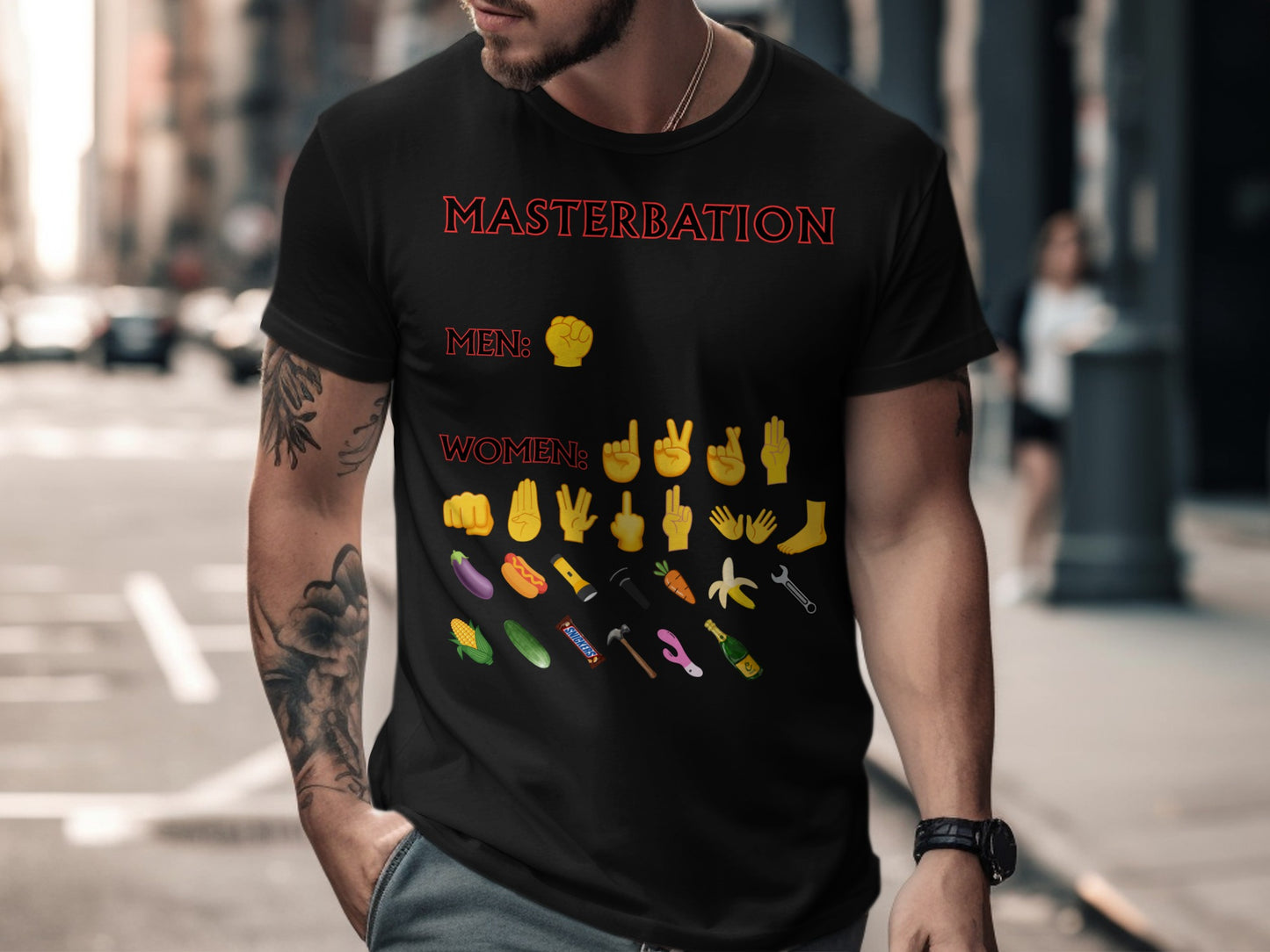 Black t-shirt with "MASTERBATION" and emoji icons representing men and women.