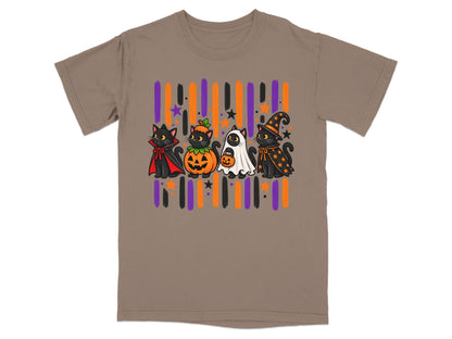 Four cartoon black cats in Halloween costumes, with striped background.