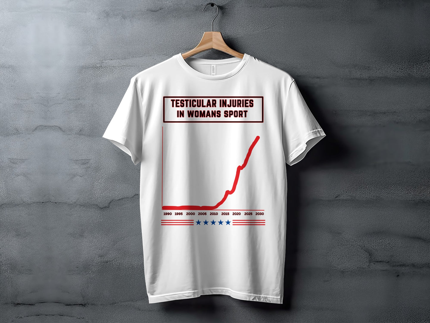 White t-shirt with "Testicular Injuries in Woman's Sport" text and a red line graph.