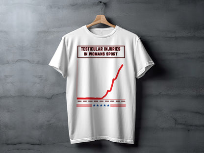 White t-shirt with "Testicular Injuries in Woman's Sport" text and a red line graph.