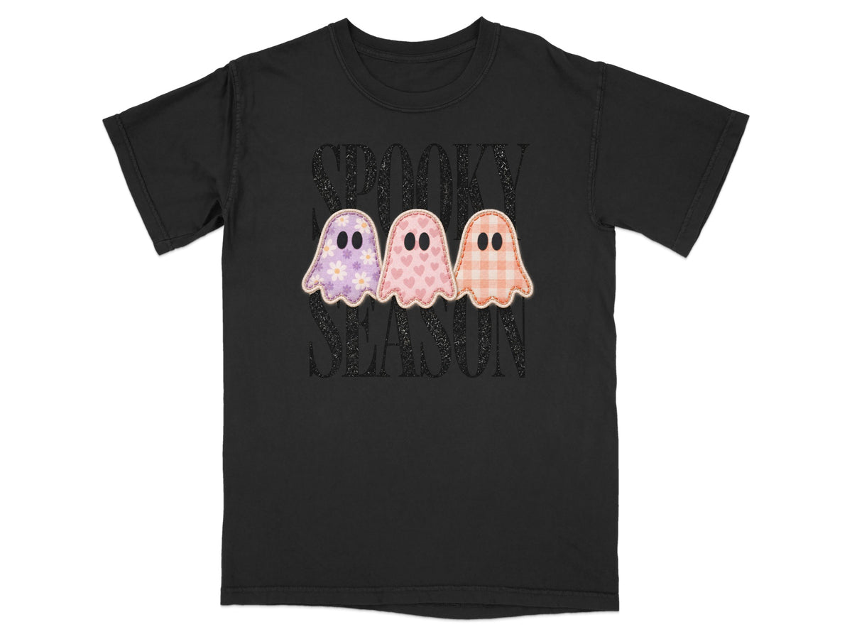 Black t-shirt with three cute ghosts and "Spooky Season" text.