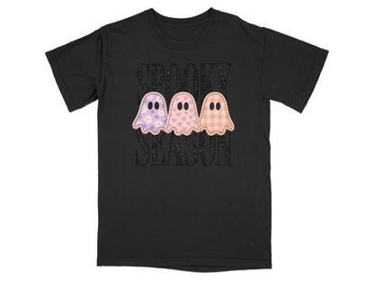 Black t-shirt with three cute ghosts and "Spooky Season" text.