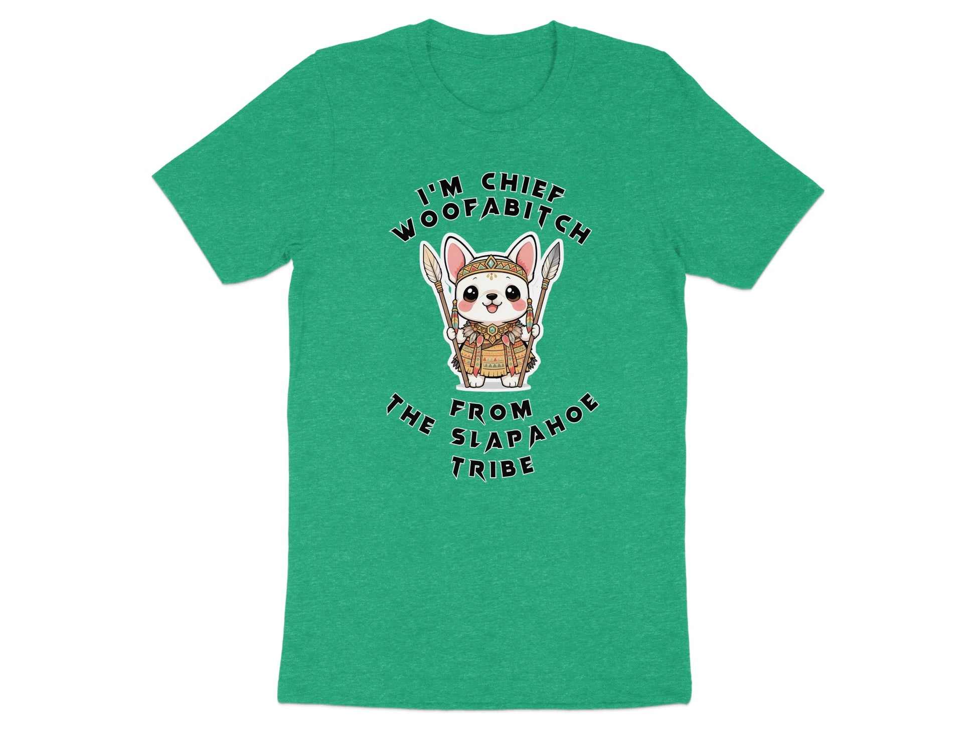 Green t-shirt with a cartoon dog holding spears and wearing tribal attire.