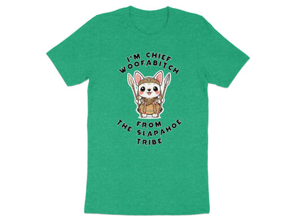 Green t-shirt with a cartoon dog holding spears and wearing tribal attire.