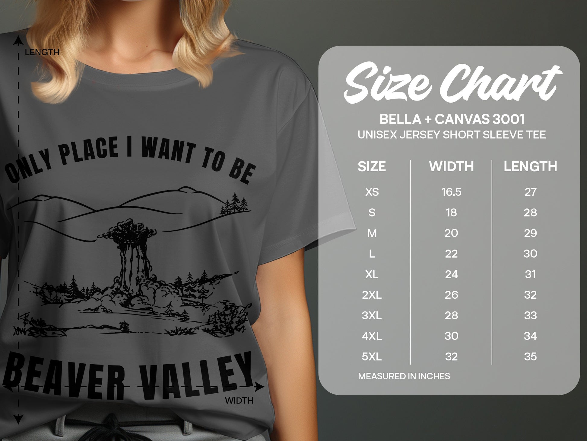 Grey t-shirt with "Only Place I Want to Be Beaver Valley" text and a size chart.