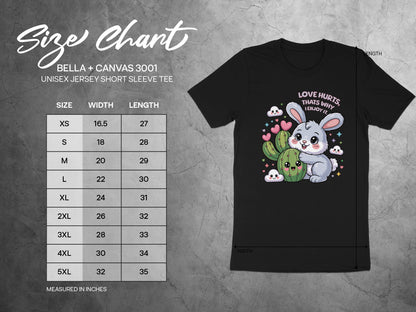 Size chart for Bella + Canvas 3001 unisex tee with rabbit graphic and text.