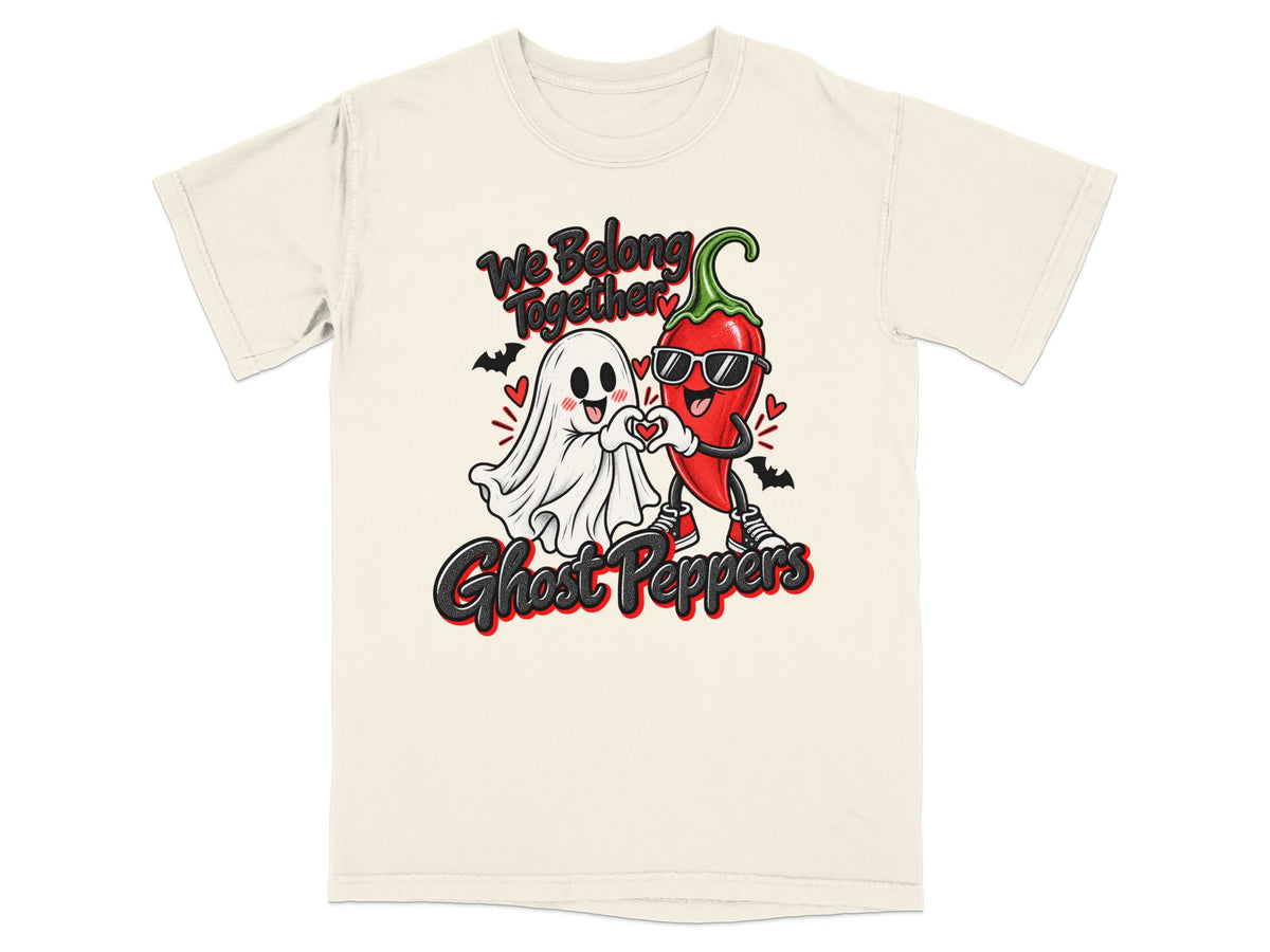 Ghost and chili pepper form heart with text "We Belong Together Ghost Peppers".