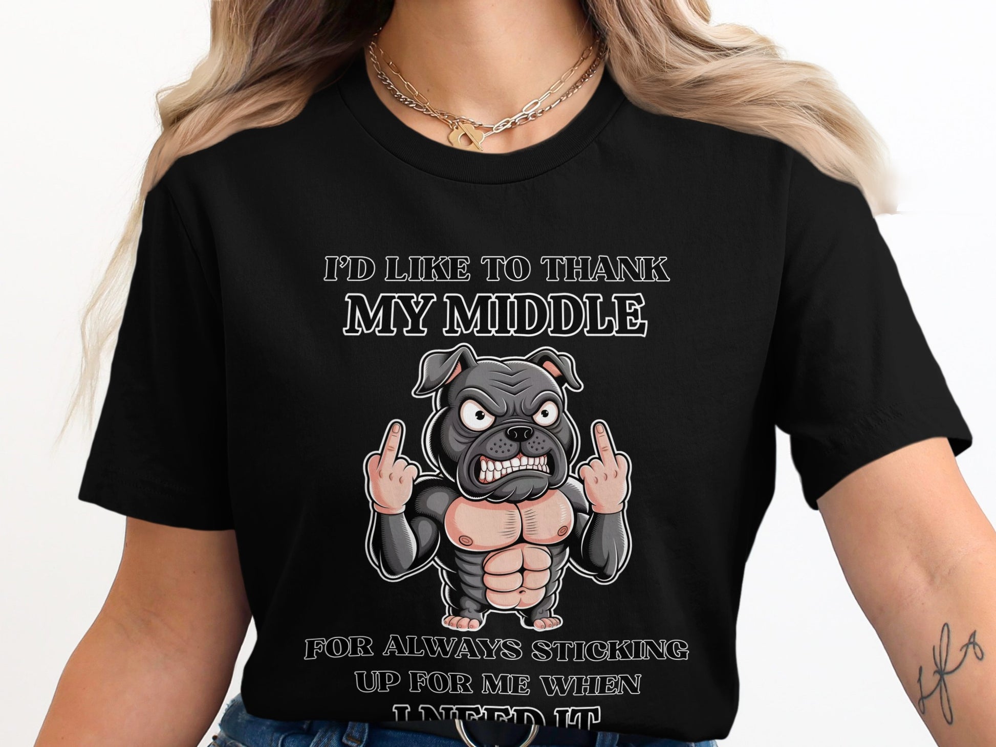 Black t-shirt with muscular bulldog graphic and text: "I'd like to thank my middle for always sticking up for me."