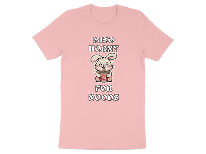 Pink t-shirt with text "MISO HORNY FOR NOODS" and a cartoon bunny eating ramen.
