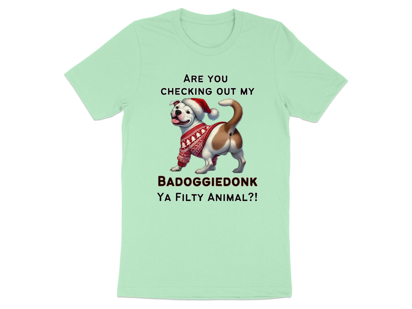Light green t-shirt with a Christmas-themed dog and text.