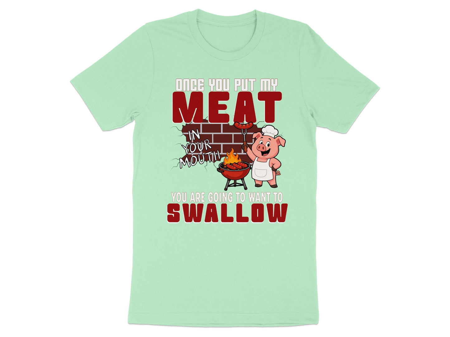 Pig chef grilling sausages with text about meat and swallowing.